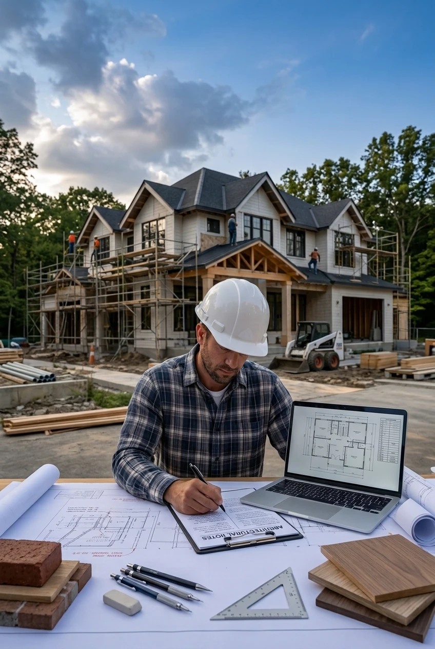 Professional construction estimator reviewing architectural blueprints and quantity takeoff documents